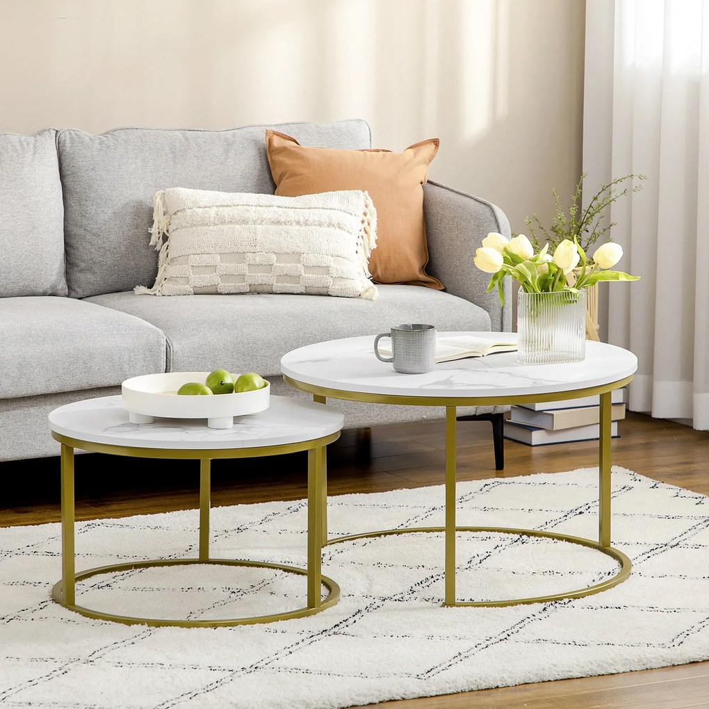 Conjunto de 2 mesas baixas encaixáveis, redondas, com tampo com efeito mármore e pés em aço, Ø 74 x 46,3 cm, branco dourado