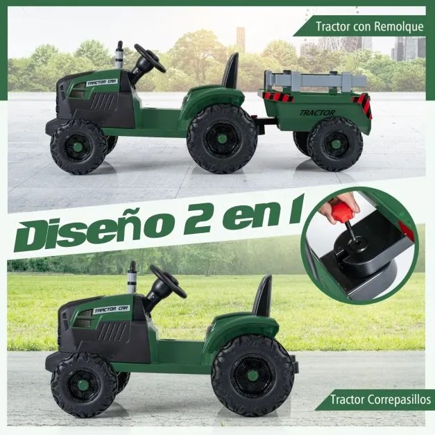 Trator elétrico de 24 V para crianças com reboque removível Controlo remoto Música Porta USB Luzes LED verde