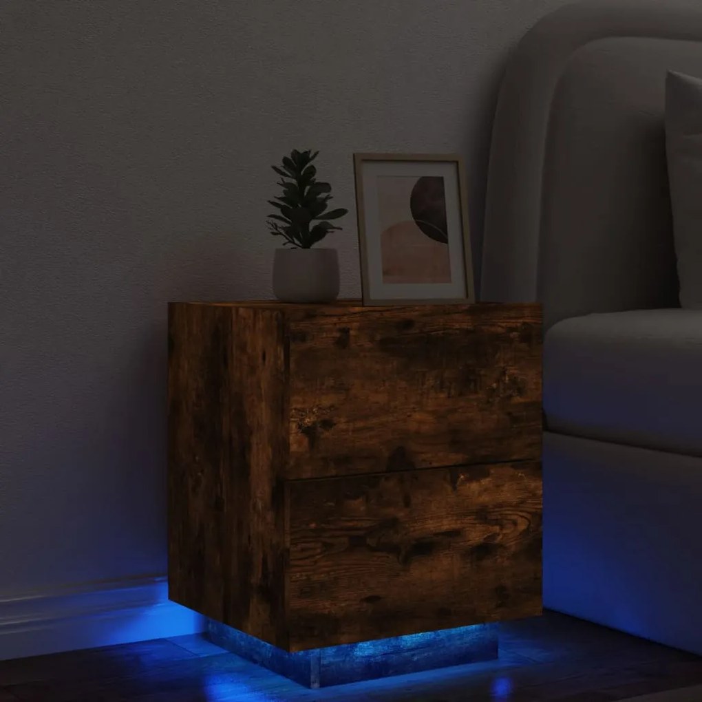 vidaXL Mesa cabeceira c/ luzes LED derivados madeira carvalho fumado