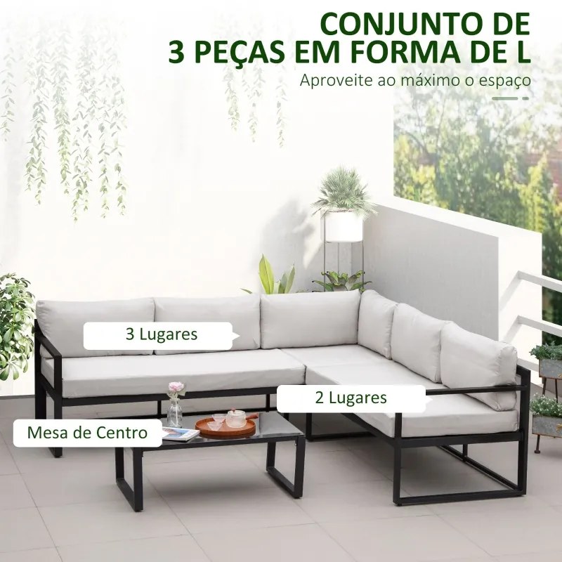 Conjunto de Móveis de Jardim 3 Peças de Alumínio com Mesa de Vidro Sofá de 2 Lugares e Sofá de 3 Lugares com Encosto Ajustável e Almofadas Removíveis