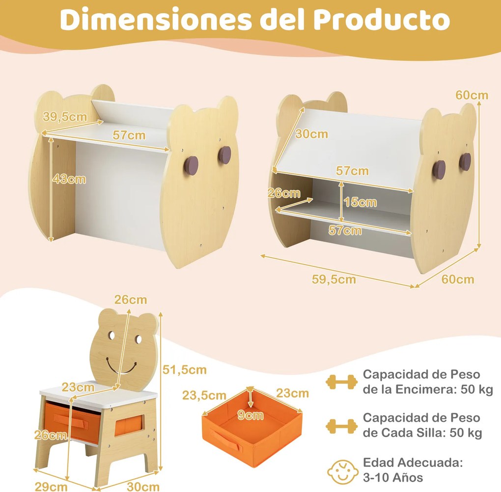 Mesa e cadeira infantil 3 em 1 com tema de urso, secretária infantil com quadro de giz de dupla face, estante, ganchos e gaveta, para crianças dos 3 a