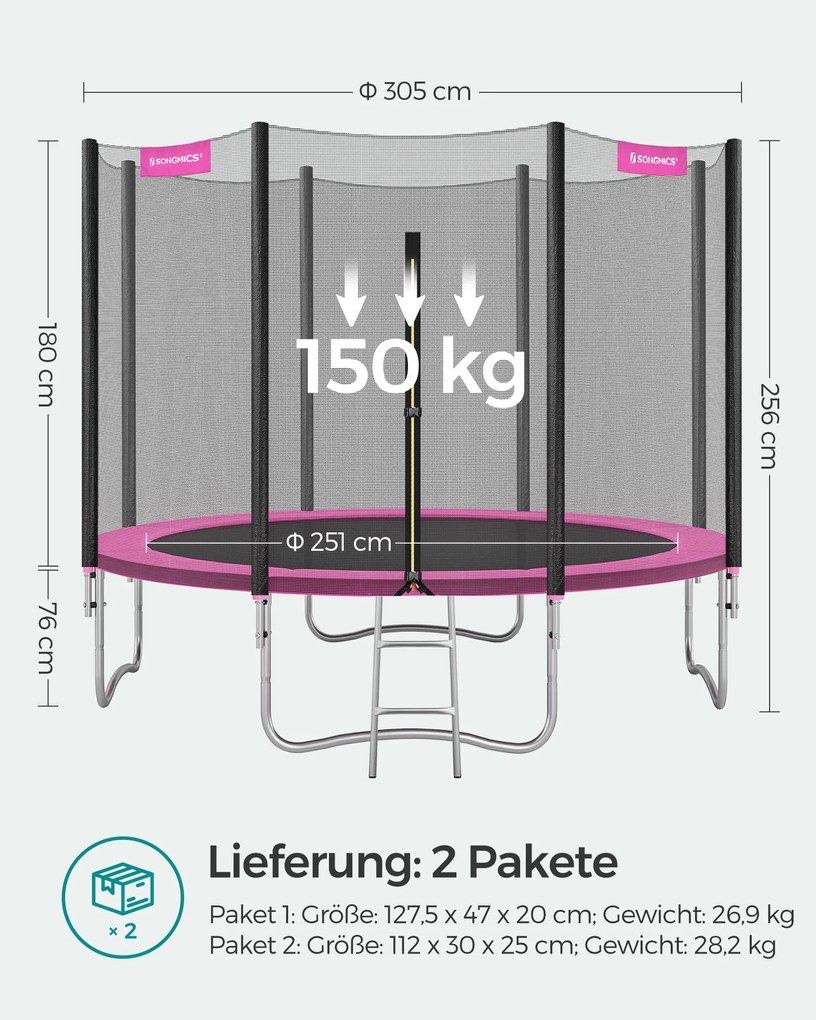 Trampolim de 305 cm de diâmetro com rede de segurança e escada rosa