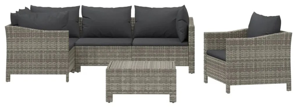 6 pcs conjunto lounge de jardim c/ almofadões vime PE cinzento