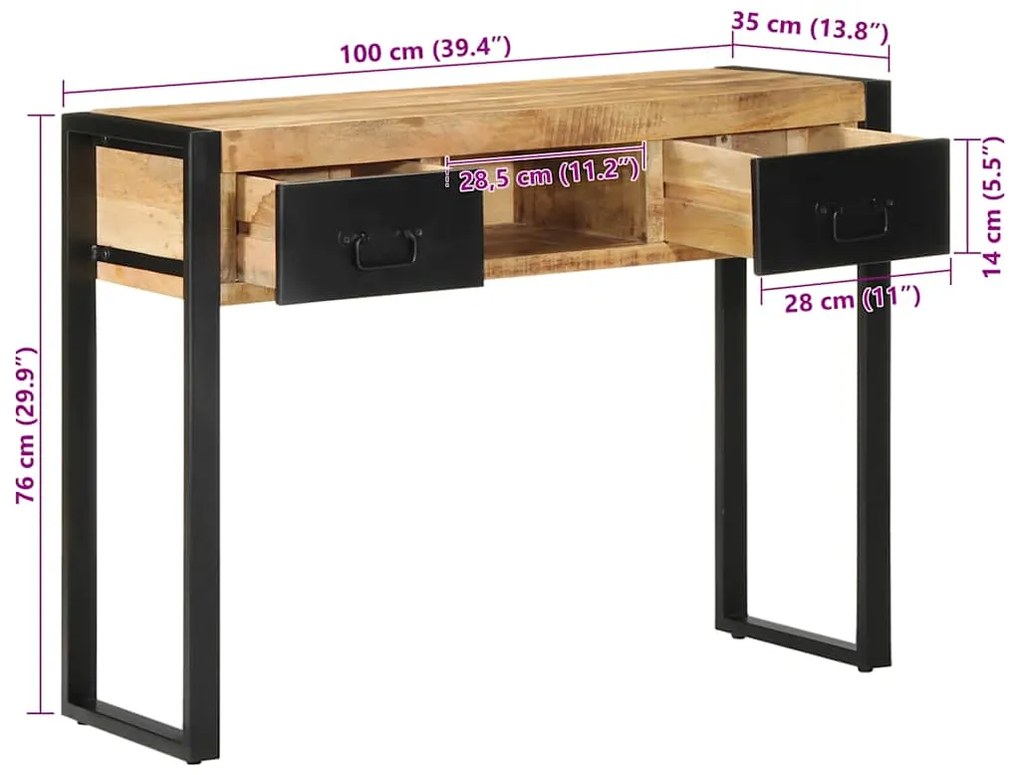 Mesa consola 100x35x75 cm manga de madeira áspera maciça