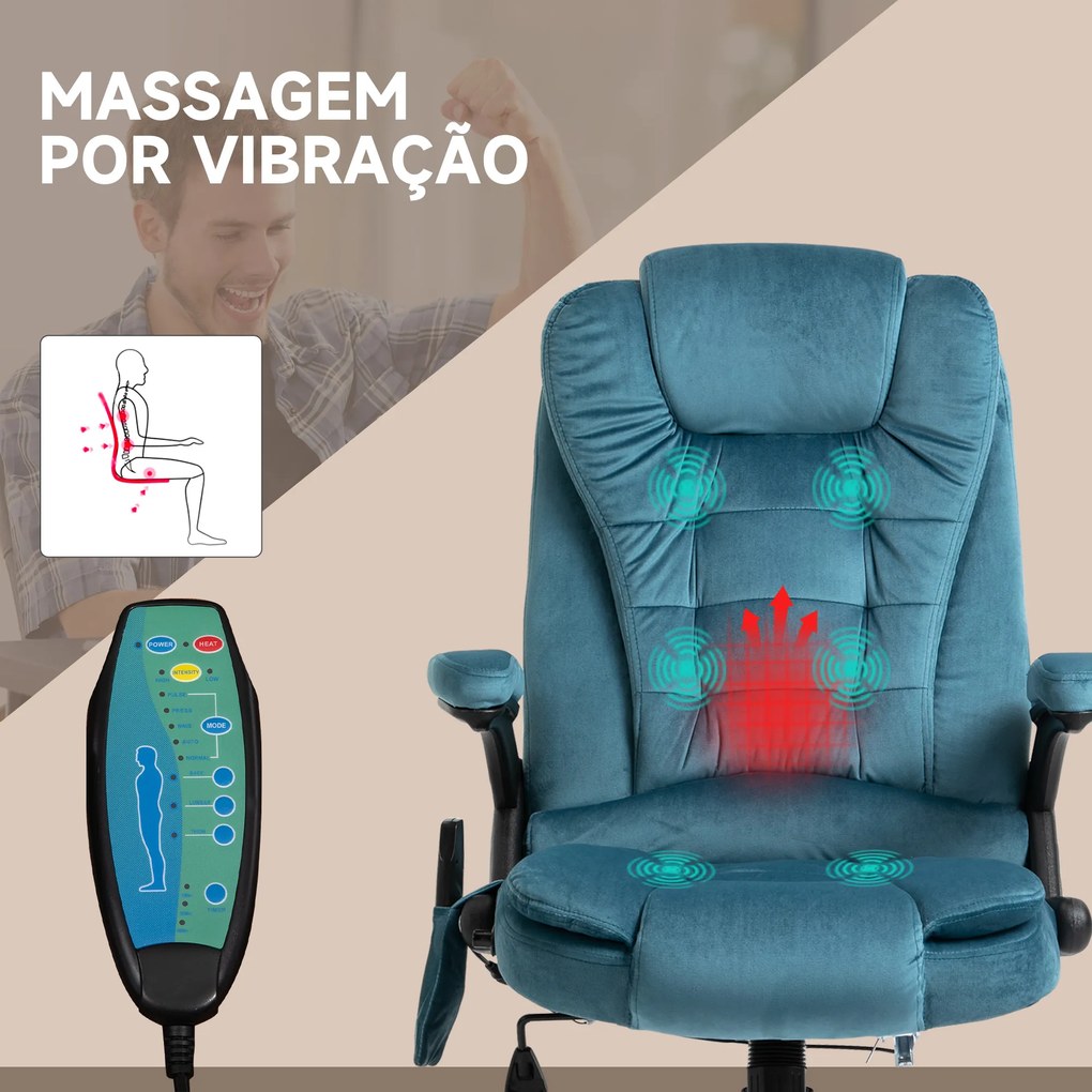 Cadeira de Escritório com 6 Pontos de Massagem Reclinável até 130° com Função de Aquecimento 68x72x110-120 cm Azul