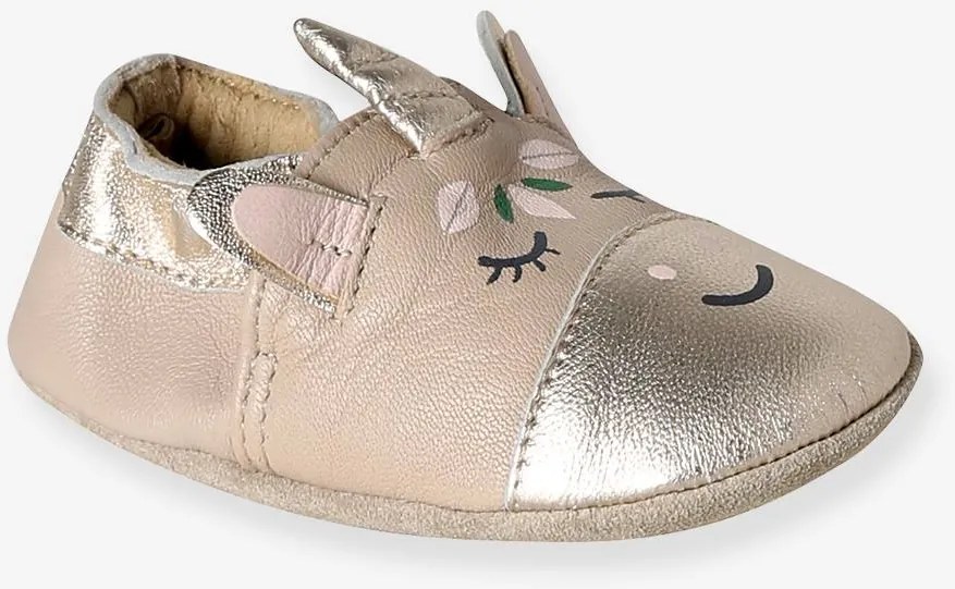 Sapatinhos em pele com elástico para bebé bege-dourado