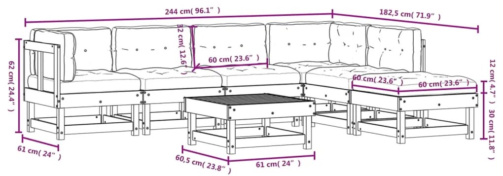 7 pcs conjunto lounge jardim c/ almofadões madeira maciça cinza