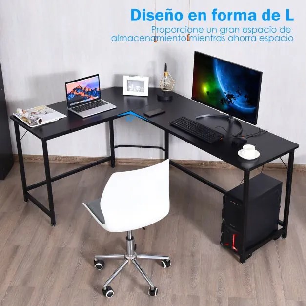 Secretária de canto 168 x 125 x 74 cm para computador em casa ou escritório Mesa para computador em forma de L Preto