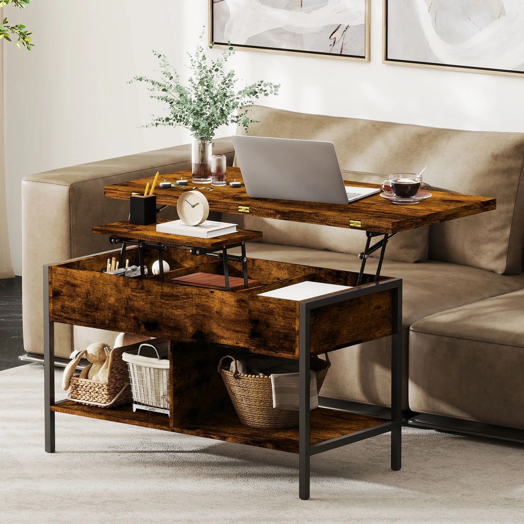 Mesa de centro elevável e extensível, com compartimento oculto e prateleiras abertas, 98 x 49 x 55 cm, castanho rústico
