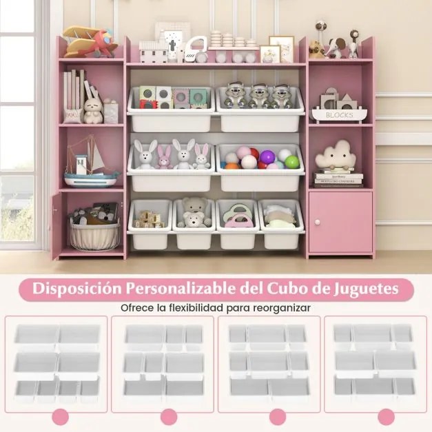 Estante infantil grande para guardar brinquedos de 4 níveis com 8 caixas removíveis para quarto 142 x 30 x 100 cm Rosa