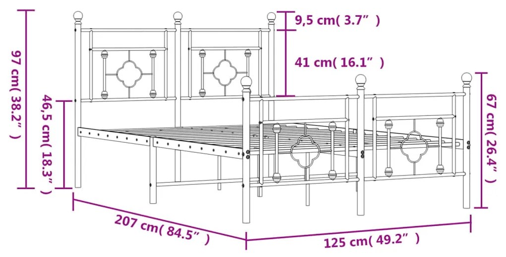 Estrutura de cama com cabeceira e pés 120x200 cm metal preto