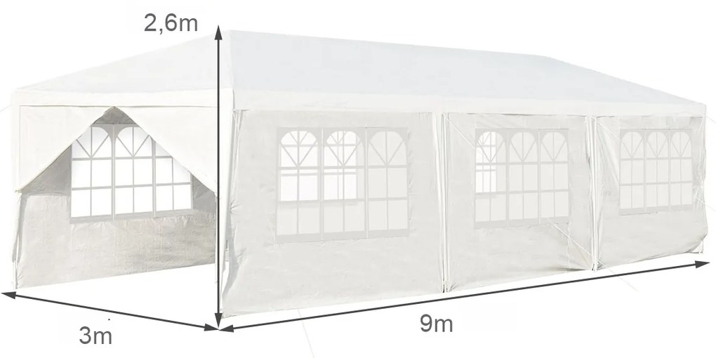 Tenda 3 x 9 m Cobertura impermeável com 6 Painéis laterais amovíveis e 2 Portas com Postes Robustos para Casamentos, Festas, Feiras Branca