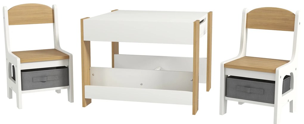 Conjunto de Mesa e 2 Cadeiras Infantis 2 em 1 com Ardósia Gavetas de Tecido e Espaço de Armazenamento para Quarto Cinza, branco e madeira