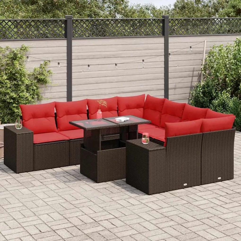 9 pcs conj. sofás jardim c/ almofadões vime PE/acácia castanho
