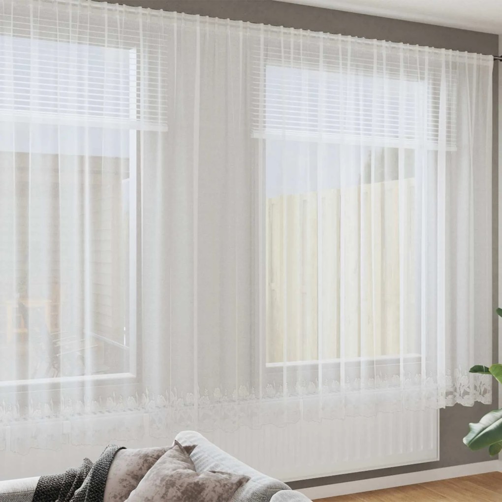 vidaXL Cortina de Renda com cortinas Floral Branco 240x900cm Poliéster