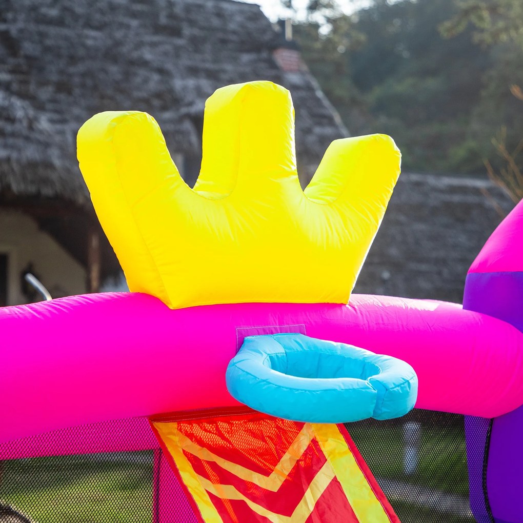 Castelo Insuflável com Escorrega Trampolim Piscina e Cesta de para Crianças acima de 3 Anos Inclui Inflador e Bolsa de Transporte para Interior e Exterior 300x270x200cm Multicor