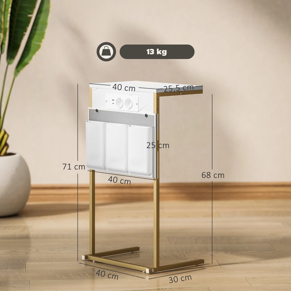 Mesa Auxiliar com Estação de Carga Mesa Lateral com 2 Entradas USB 1 Entrada USB-C e Bolsa Organizadora 25,5x40x71 cm Branco