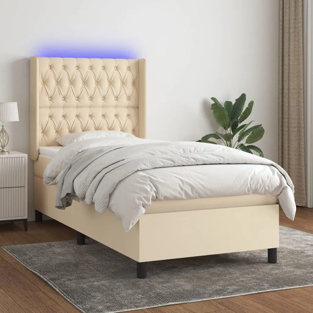 Cama box spring c/ colchão e LED 80x200 cm tecido cor creme