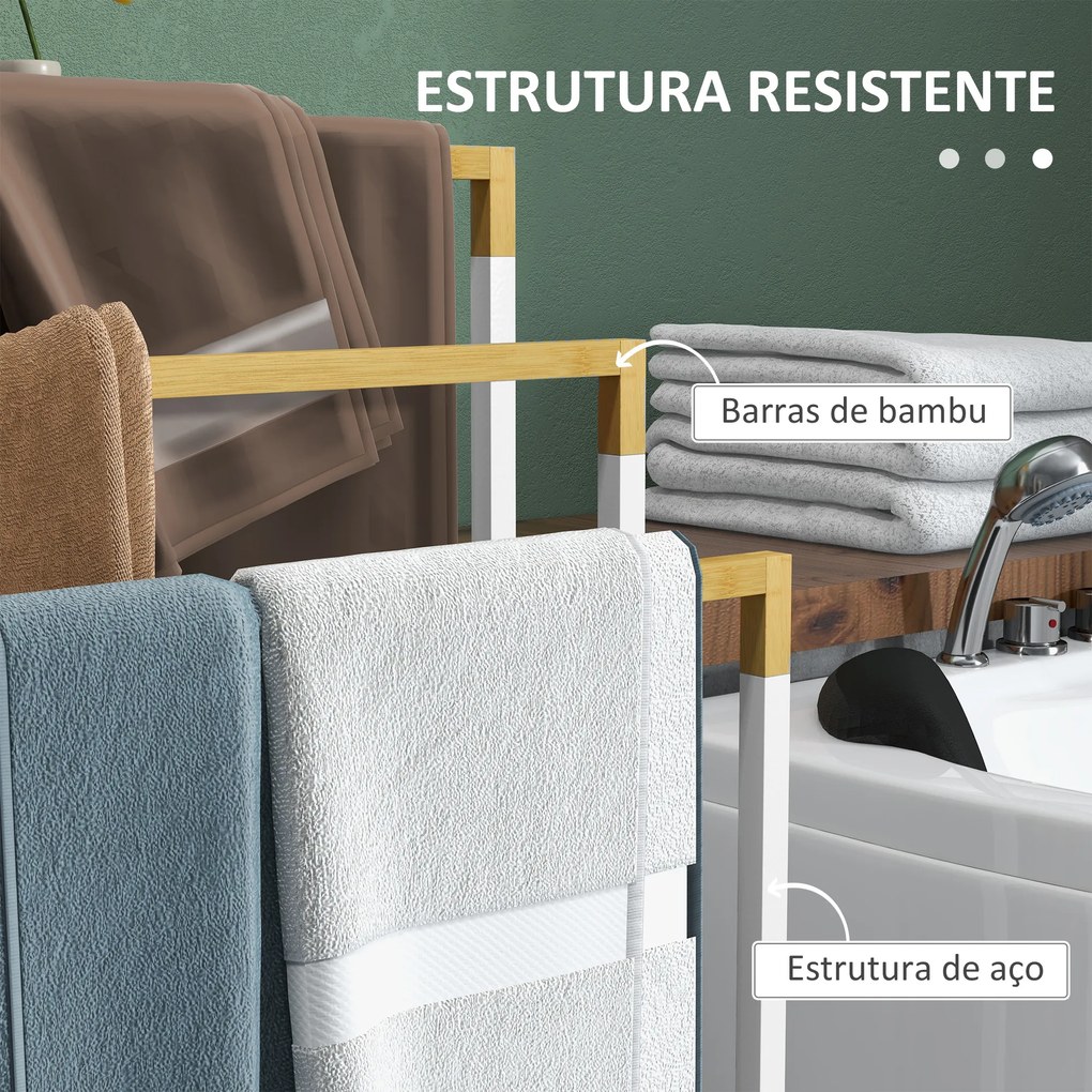 Toalheiro de Pé de 3 Níveis em Forma de Escada com 3 Barras de Bambu e Estrutura de Aço 45x22,5x86 cm Branco e Madeira