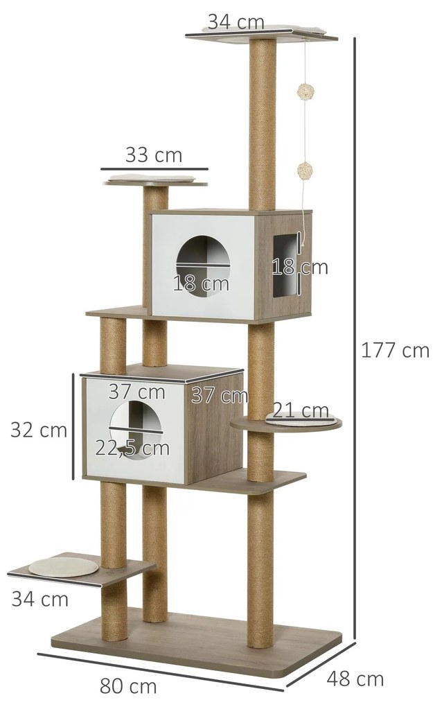 Árvore Arranhador de escalada para gatos Altura de 177 cm com Plataformas Cavernas Almofada macia brinquedo de suspensão Postes de juta Branco e madei