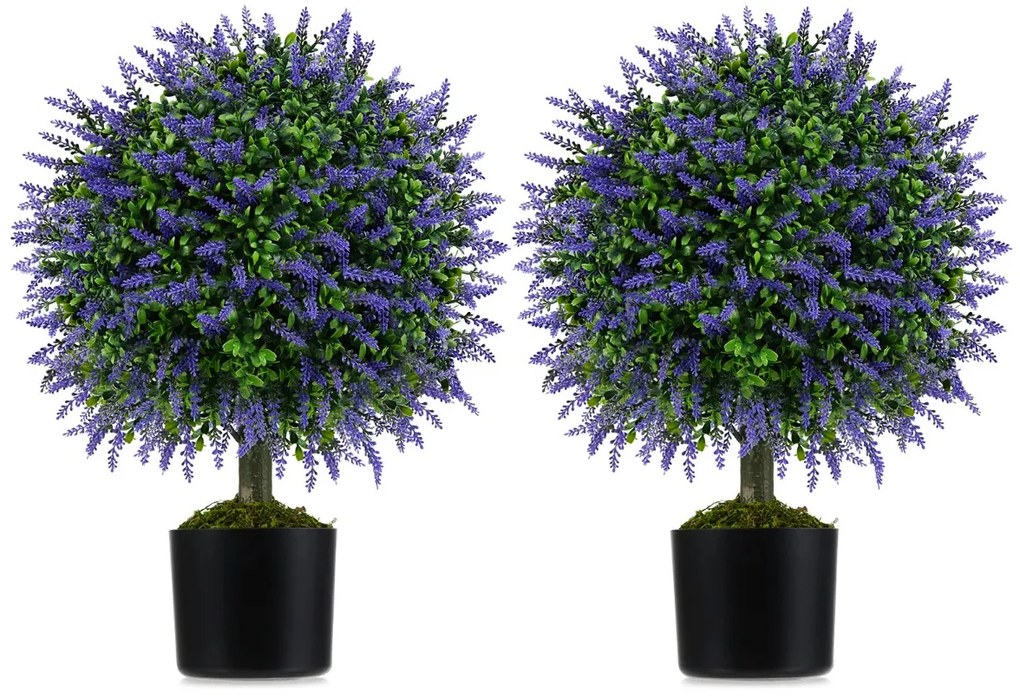 Conjunto de 2 árvores artificiais de lavanda em bola de 58 cm com vaso preenchido com cimento Verde e roxa