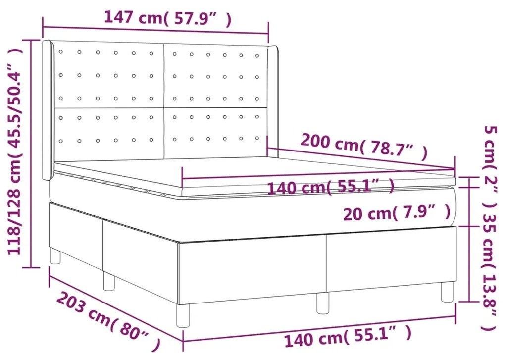 Cama box spring c/ colchão/LED 140x200cm tecido castanho-escuro