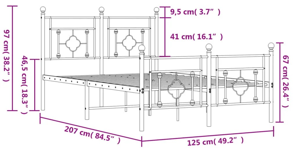 Estrutura de cama com cabeceira e pés 120x200 cm metal preto
