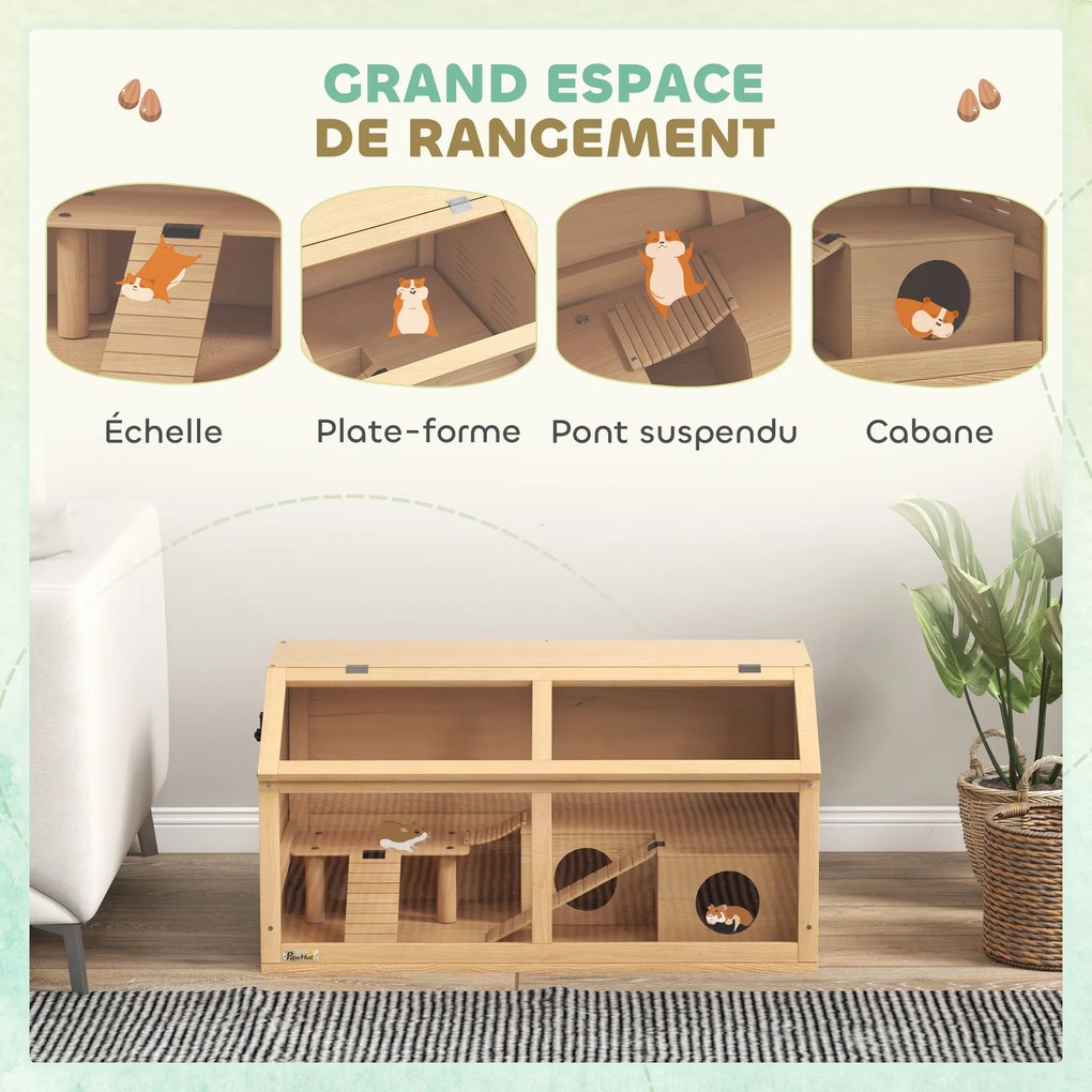 Gaiola de madeira para hamster, habitáculo espaçoso para roedores, ventilação, tampa que se abre e acessórios, 85 x 45 x 44 cm, madeira natural