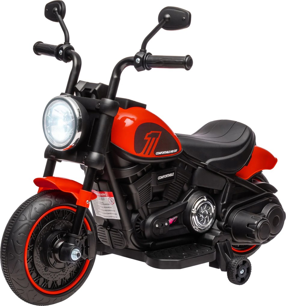 Moto elétrica para crianças a 3 km/h, 6 V, com farol LED, 2 rodas de apoio, para idades entre os 18 e os 36 meses, com motor potente, vermelha