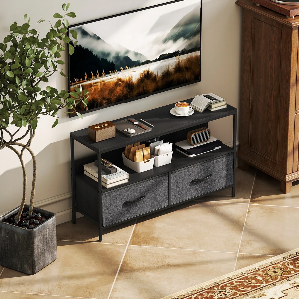 Móvel para televisor 98 x 29 x 56 cm, adequado para televisores até 47 polegadas, com 2 gavetas tecido e pés em aço, , cinzento escuro