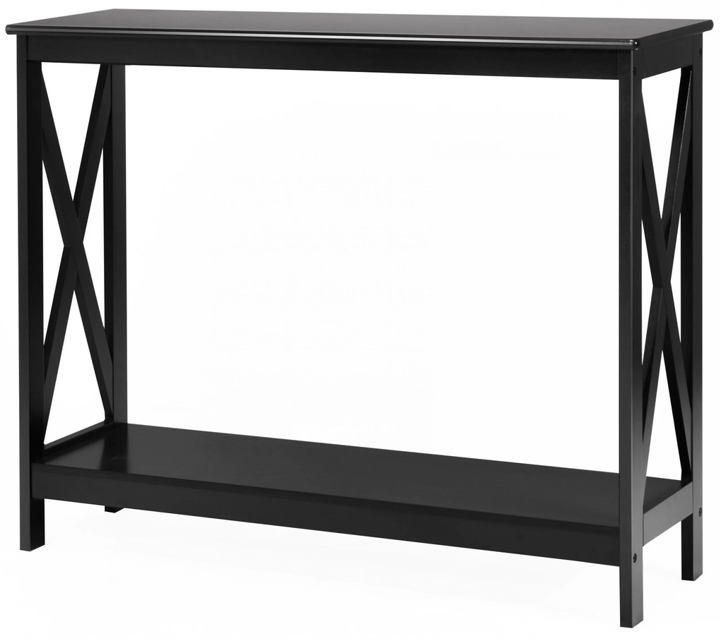 Mesa consola rústica com 2 níveis e prateleira em X para entrada, corredor e sala 100 x 30 x 80 cm preta