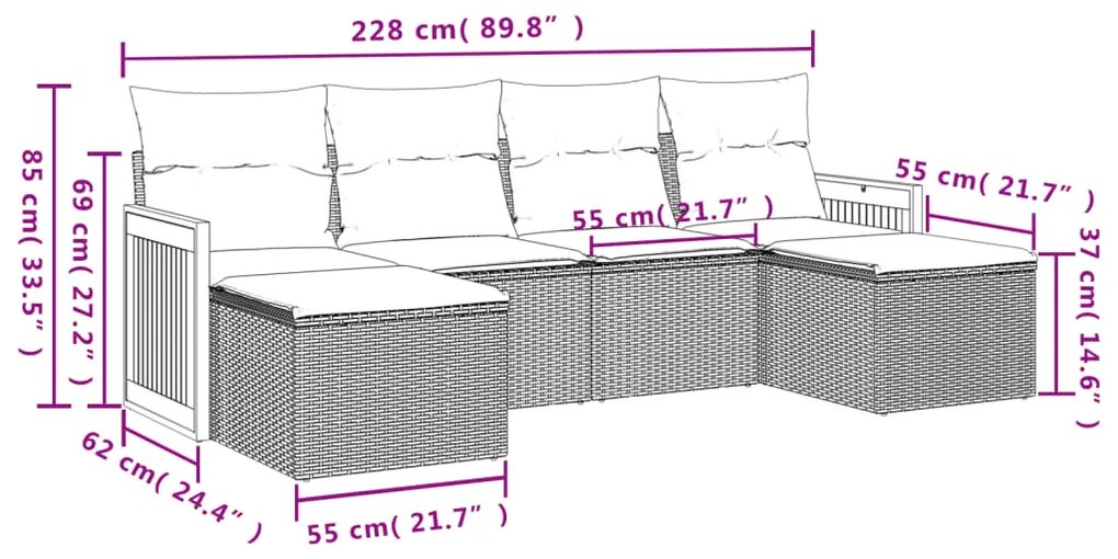 6 pcs conjunto de sofás p/ jardim com almofadões vime PE bege
