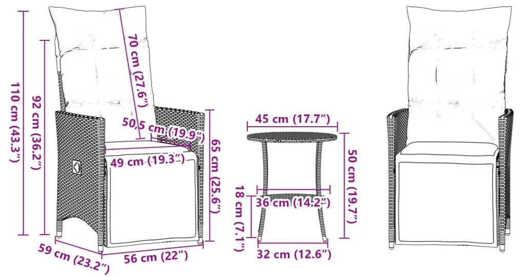 3 pcs conjunto bistrô com almofadões vime PE castanho