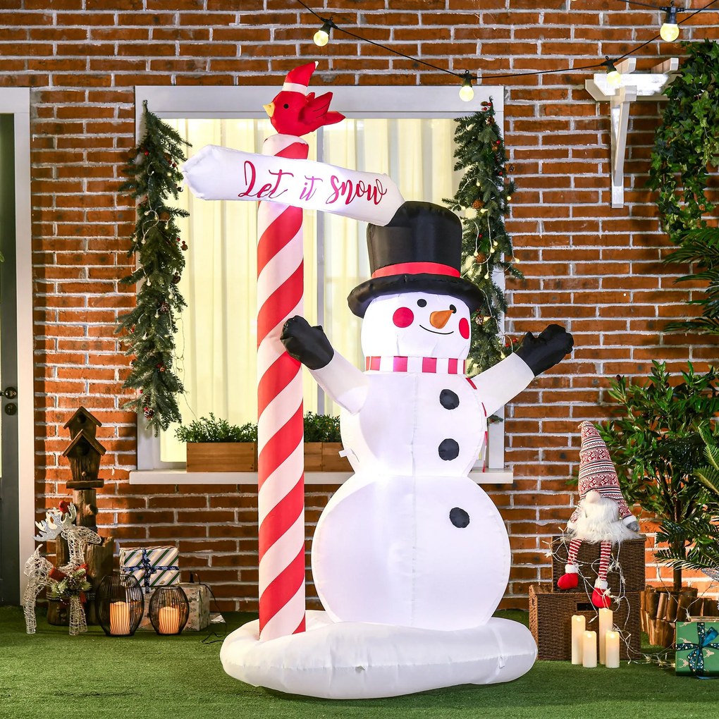 Boneco de neve insuflável altura 213 cm com cartaz de 3 LEDs, em poliéster impermeável, branco