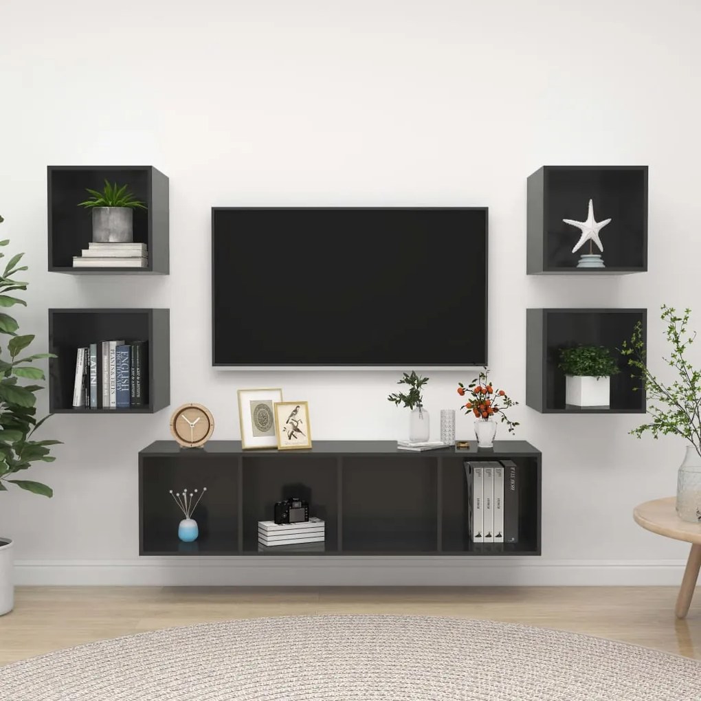 vidaXL 5 pcs conjunto móveis de TV derivados madeira cinza brilhante