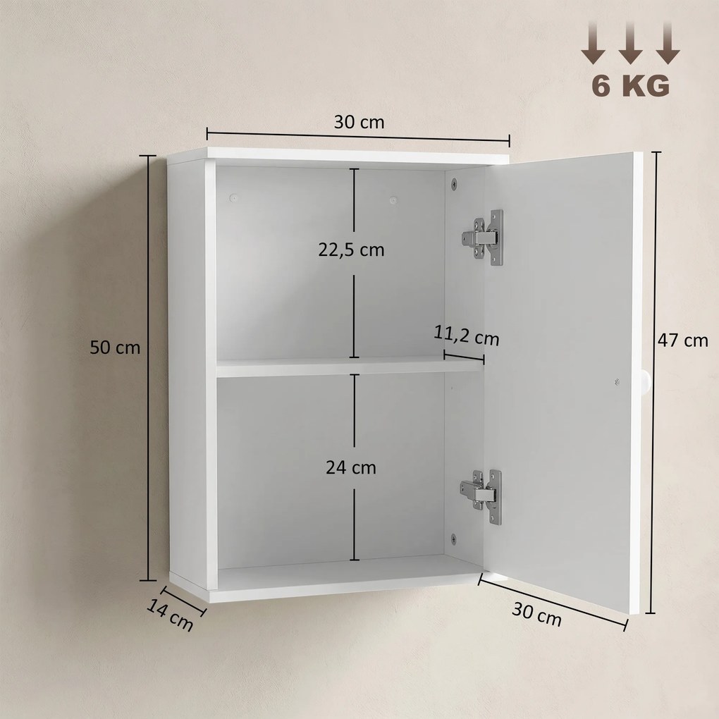 Armário de Parede para Casa de Banho com Porta de Fecho Suave e Prateleira Ajustável para Cozinha e Lavandaria 30x14x50 cm Branco