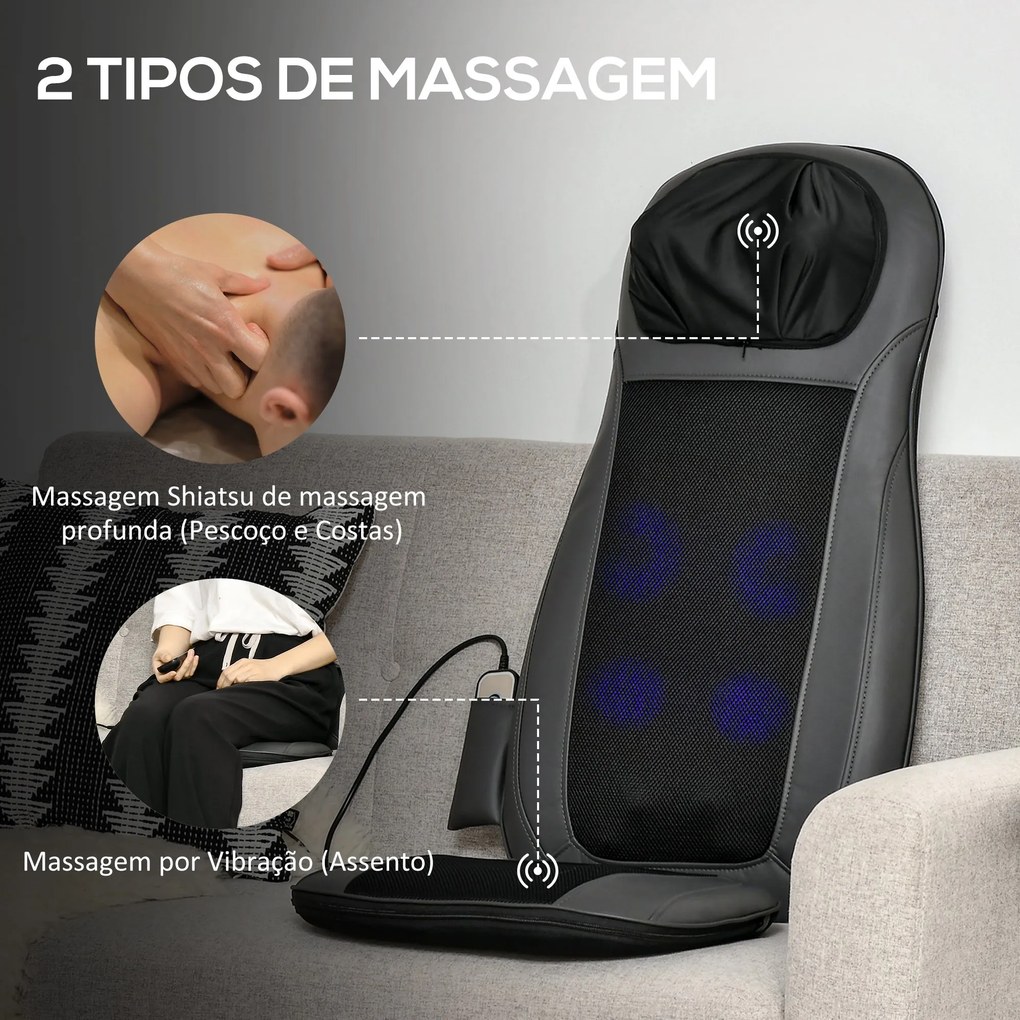 Massageador de Assento com Aquecimento Tapete de Massagem Shiatsu com Controlo Remoto 8 Motores de Vibração e Bolso Lateral para Escritório Carro 45x3