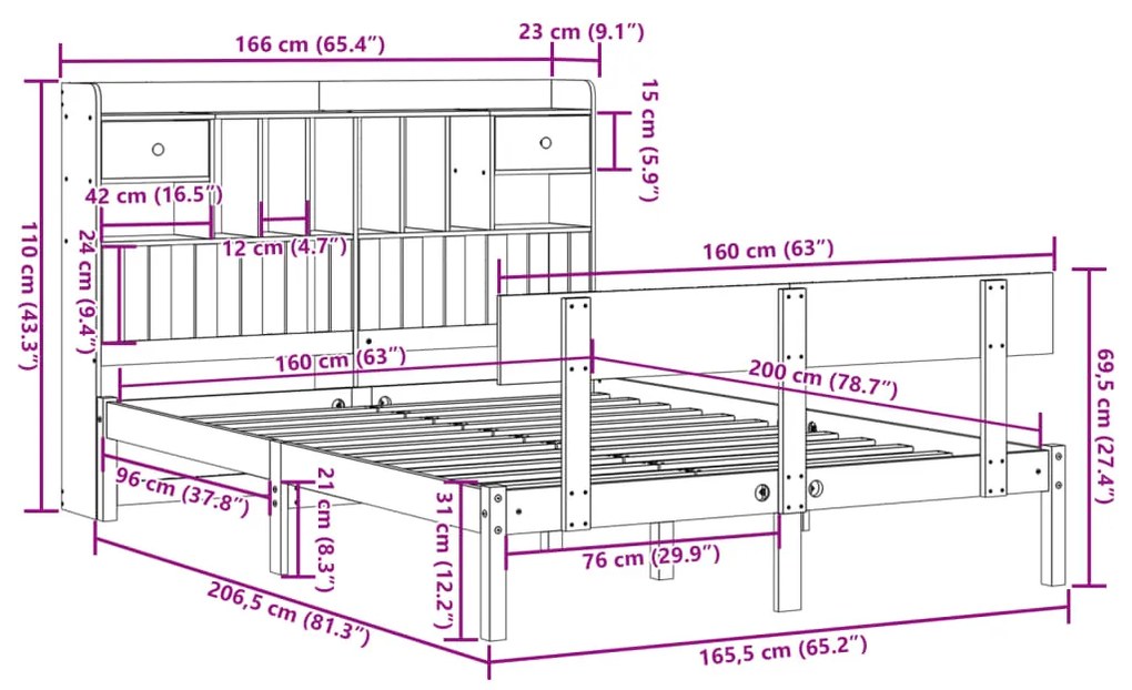 Cama com estante sem colchão 160x200 cm pinho maciço branco