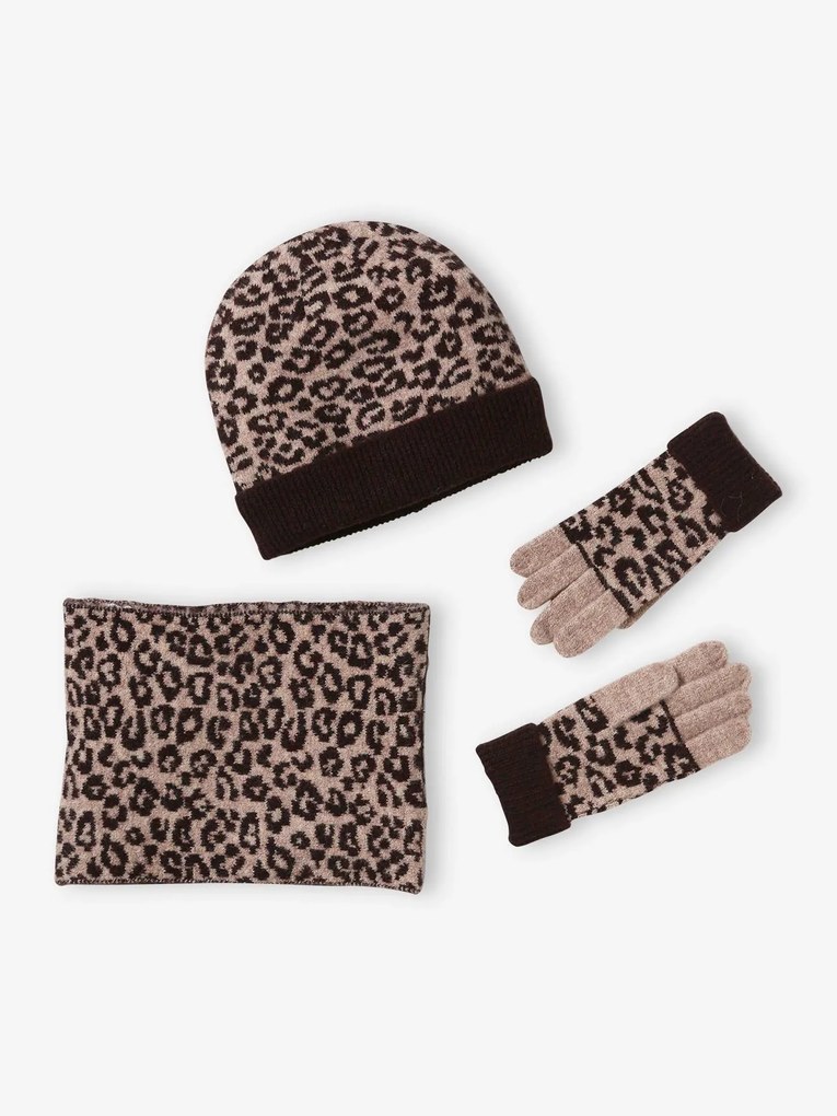 Conjunto leopardo com gorro + gola snood + luvas, para menina castanho estampado