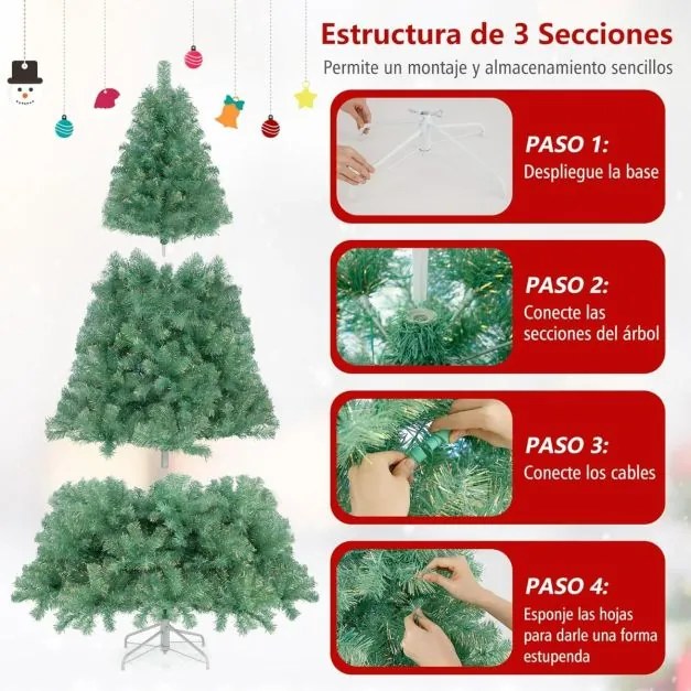 Árvore de Natal pré-iluminada de 225 cm artificial com 1300 pontas de ramos 550 luzes LED brancas quentes 8 modos Suporte verde