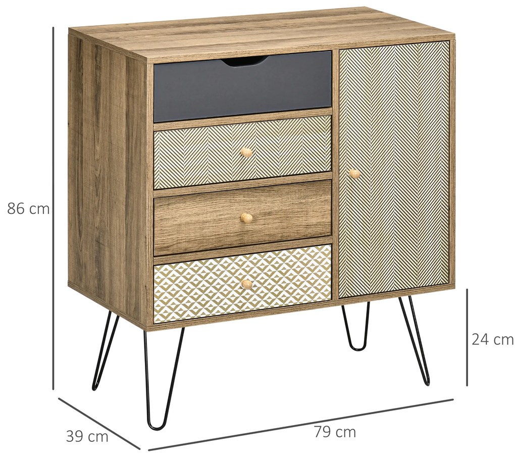 Cómoda com 4 Gavetas Gaveteiro de Madeira com Porta Prateleira Ajustável e Pés de Metal para Sala de Estar Dormitório Cozinha 79x39x86cm Castanho