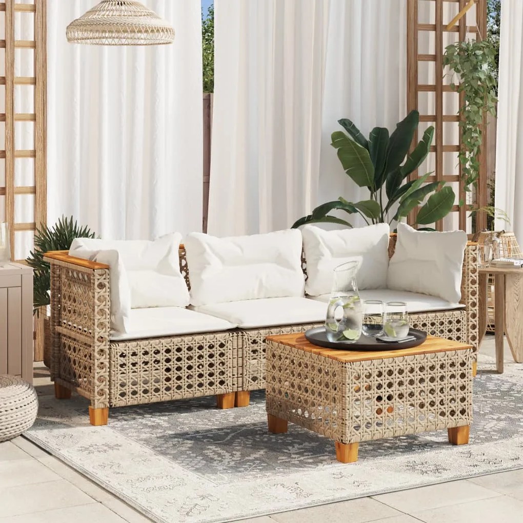 vidaXL Sofá de jardim de 3 lugares com almofadões vime PE bege