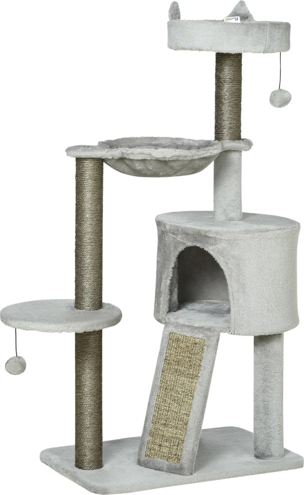 PawHut Arranhador incl. Toca para gatos, Cama para gatos, Rede para gatos e Brinquedos 60 cm x 40 cm x 113 cm, Cinza claro | Aosom Portugal