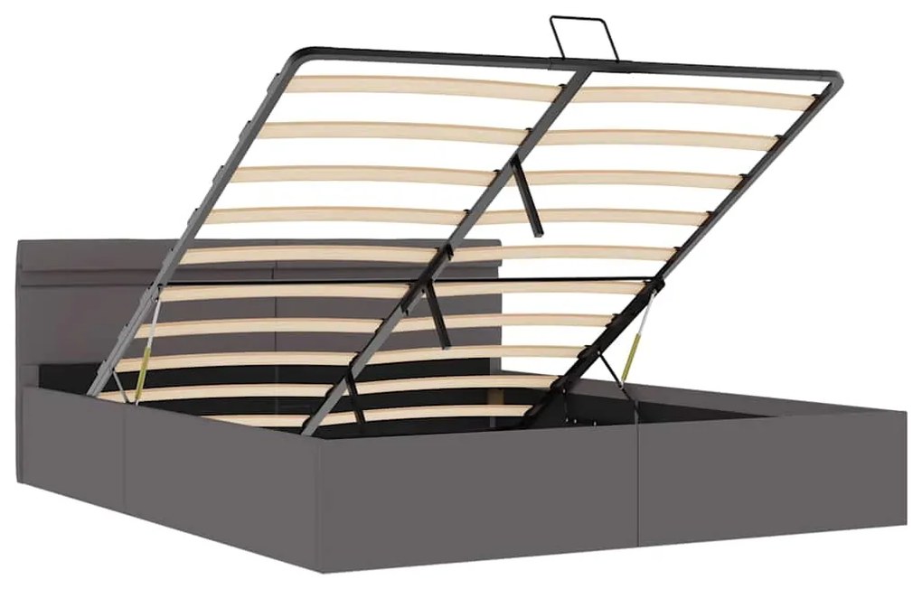 Cama hidráulica c/ arrumação LED 160x200cm couro artific. cinza