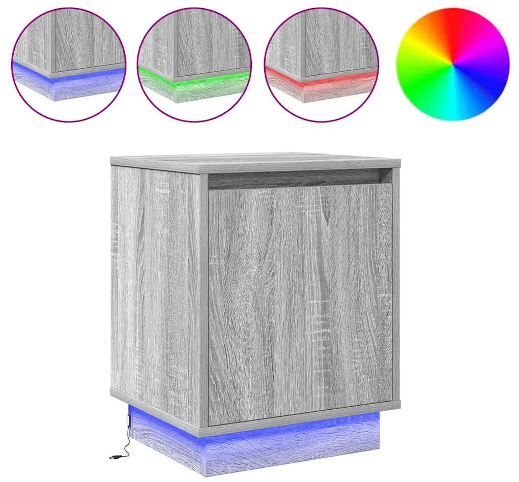 Cômoda de Cabeceira com Luzes LED Cinza Sonoma 39x34,5x50 cm
