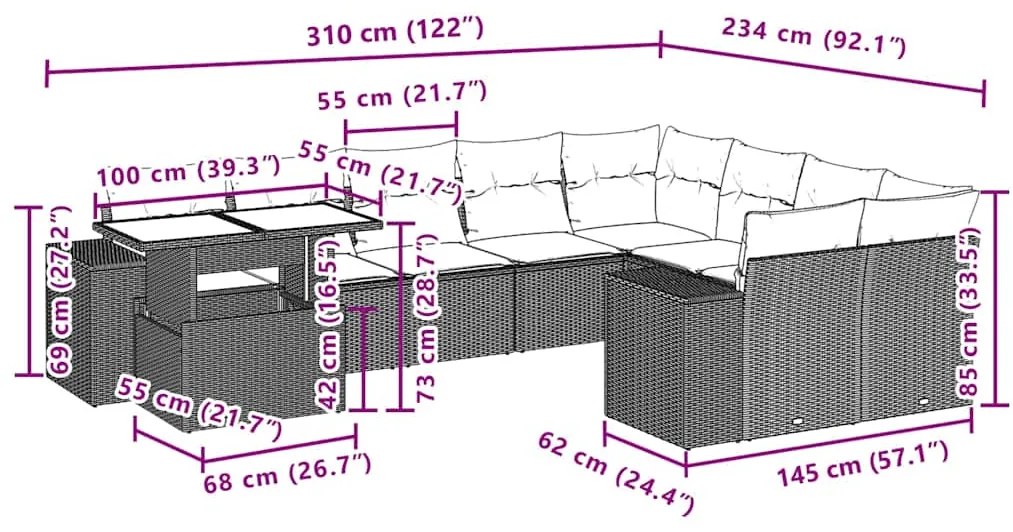 10 pcs conj. sofás jardim com almofadões vime PE castanho