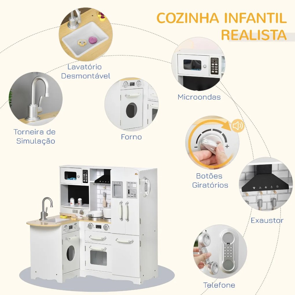 Cozinha Infantil de Madeira para Crianças acima de 3 Anos com Sons 14 Acessórios Cozinha Infantil com Telefone Lavatório Microondas e Grifo 82x65x87cm