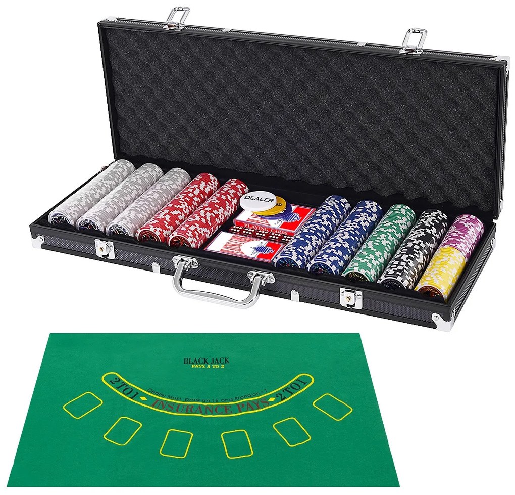 Conjunto com 500 Texas Holdem Poker Chips e Aluminium Blackjack  56 x 20 x 6 cm