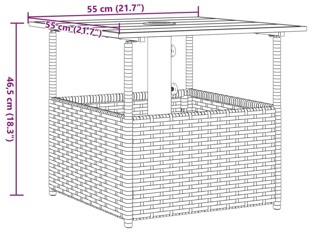 Mesa jardim c/orifício guarda-sol 55x55x46,5cm vime PE castanho