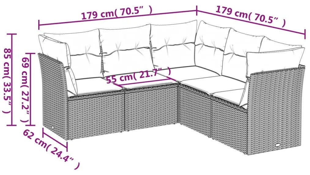 5 pcs conjunto sofás de jardim c/ almofadões vime PE cinzento